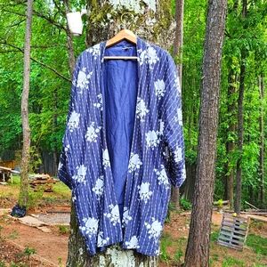 Earthbound Kantha Floral Striped Kimono Sz XS/S Pockets Quilted 100% Cotton Gray
